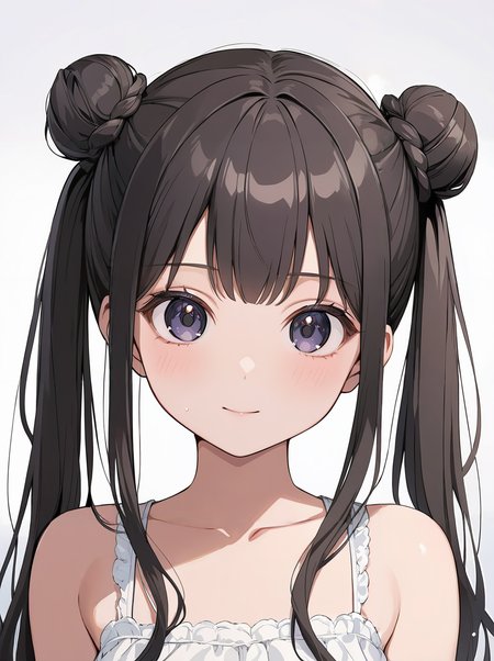 masterpiece,ultra-detailed,best quality,8K,illustration,cute face,clean skin ,shiny hair,girl,ultra-detailed-eyes,simple background, <lora:add-detail-xl:1> <lora:double bun twintail_XL_V1.0:0.8> double bun twintail, long hair