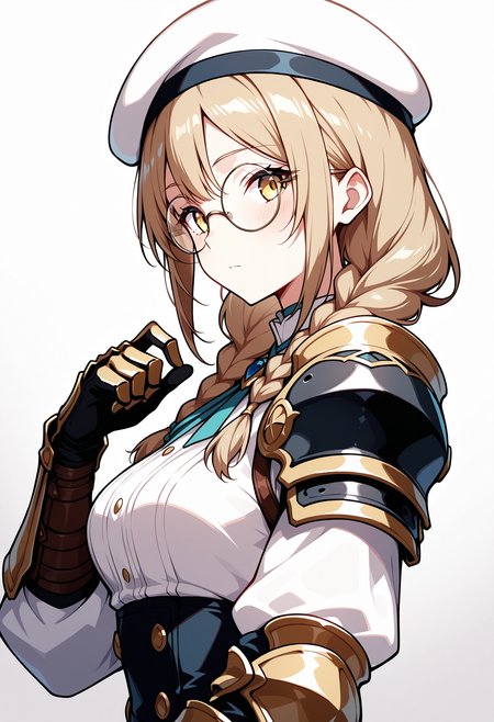 <lora:FelminaIL:1>, solo,felminakumodesu, twin braids, hair on shoulder, yellow eyes, round glasses, 
beret, gauntlets, shoulder armor, shirt, long sleeves, 
white beret, gauntlets, shoulder armor, white shirt, long sleeves,
looking at viewer,  side view,
masterpiece,best quality,amazing quality,