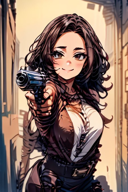 (masterpiece:1.4), high quality, high definition, sharp focus, detailed face, anime, best quality, 4k, 8k, absurd resolution, intricate detail, detailed hands, detailed eyes, animation, illustration, highly detailed, highres, extremely detailed, <lora:ETO_OCC002:0.7> ETO_OCC, black hair, curly hair,longhair, thick eyebrows, <lora:hyperdenoiser_v090:0.6>, (looking at viewer:1.6), (plump), (hazel eyes:1.3), <lora:mesugaki-10:0.5>, smiling,  smug, <lora:ETO_OC:0.2> ETO-OC, <lora:sensualface_type1:0.5>, seductive smile,  <lora:perfetfingers:1>, OverallDetail, Illust-InstaFilter, edgQuality, Earth-QualityPos, BodyPositive, Best_QualityPos, colt, belt, cowgirl, saloon, leather, cartridge, holsters,  <lora:Armed_Cowgirls:0.8>, weapon, (gun:1.5),  <lora:AppleCheek:0.7> applecheek, aiming at viewer,<lora:aimingAtViewer_v1:0.6> aiming at viewer, handgun, holding pistol <lora:aimingpistol-09:1> aimingpistol, <lora:add_detail:1>