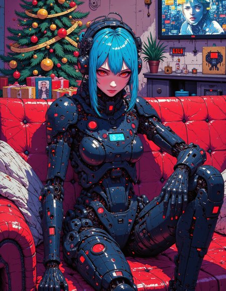 nistyle, hatsune miku as a cyberpunk cyborg girl ,pixel face, screen face,  in a mechanical christmas living room,  anime style. (vibrant masterpiece, (8k1.5), UHD, very detailed, high-quality, best artist, sharp edges, detailed textures, full view, atmospheric lighting, stunning visuals)
<lora:flux.1_lora_flyway_Epic-detail_v2:0.5>
<lora:CPA:0.7>
<lora:test2:0.7> , <lora:christmas living room-flux-lora:0.5>