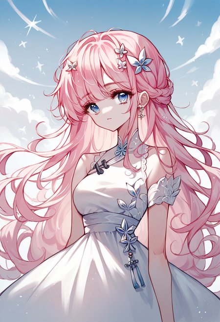 score_9, score_8_up, score_7_up, score_6_up, source_anime, 1girl, long hair, pink hair, blue eyes, 
white dress, looking at viewer, hair ornament, 
<lora:tando_v0.4-pony:1>