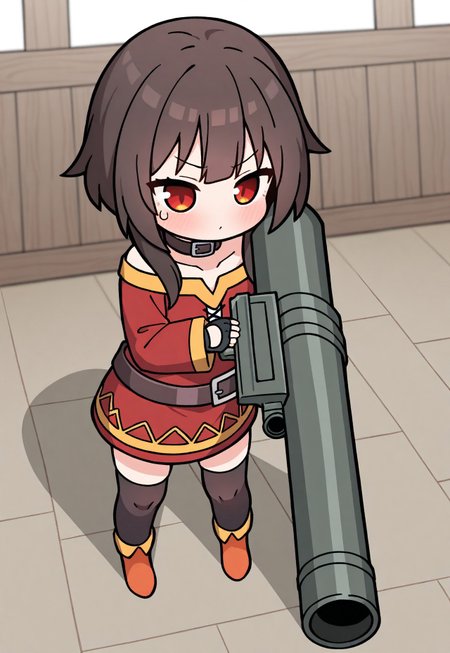 masterpiece, best quality, amazing quality, very aesthetic, absurdres, newest, (best quality,4k,8k,highres,masterpiece:1.2), 1girl, megumin, chibi, holding  rocket launcher, Go do a crime,