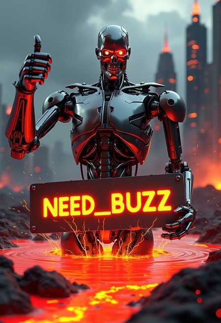 masterpiece, need_buzz, holding sign, anime-inspired cinematic scene, Terminator T-800 (half-melted endoskeleton), submerged in a raging lava river, glowing crimson magma engulfing torso, metallic exoskeleton corroding and sparking, one arm raised in a thumbs-up gesture (fingers crackling with electric arcs), other hand gripping a battered metal sign with melting text: 'NEED_BUZZ', hyper-detailed mechanical decay, neon-orange lava reflections on chrome, dynamic pose with lava splashes frozen mid-air, apocalyptic volcanic landscape background (shattered skyscrapers collapsing, ash-filled sky, lightning storms), glowing red eye sensor flickering defiantly, holographic skin fragments peeling to reveal circuits, volumetric lighting from molten cracks, smoke plumes with ember particles, surreal contrast between destruction and ironic positivity, dramatic shadows, hyper-realistic textures (molten metal droplets, charred alloy), cinematic depth of field, UHD 8K, trending on ArtStation, dark futuristic aesthetic with neon highlights, symbolism of humanized AI defiance, blending epic doom and dark humor, color palette: blazing crimson, neon orange, gunmetal gray, and smoldering black, style fusion: Makoto Shinkai's lighting + Katsuhiro Otomo's mechanical detail + cyberpunk surrealism