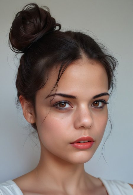 realistic, 23yo girl, 1 top bun black hair, brown eyes, UHD, photorealistic, best quality, masterpiece, 16K, cinematic