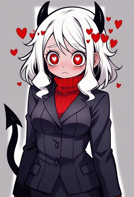 <lora:flattening-ponyxl-v1:1.3>, ,, Modeus_(Helltaker),horns, heart, demon girl, demon horns, heart-shaped pupils, symbol-shaped pupils, black horns, medium hair,demon tail, sweater, red sweater, tail, ribbed sweater, long sleeves, turtleneck, black jacket, formal, suit,, Anime eyes, anime face,<lora:add-detail-xl:0.7> <lora:xl_more_art-full_v1:0.1>