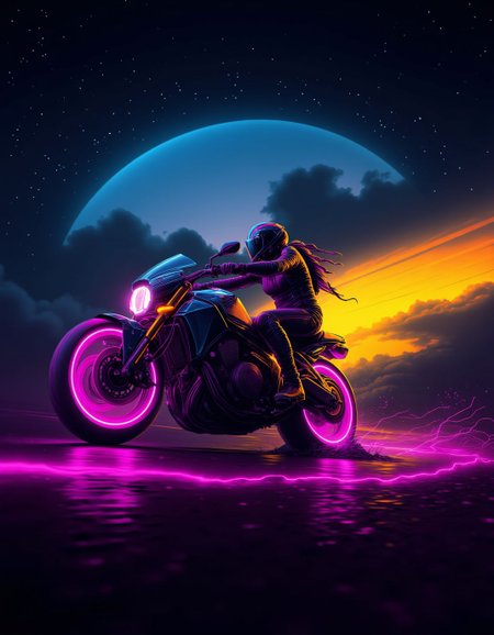 <lora:ck-Neon-Retrowave:1>, ck-nw, in the style of ck-nw, side view of a woman riding a motorcyle, at night, sundown and stary night in the background