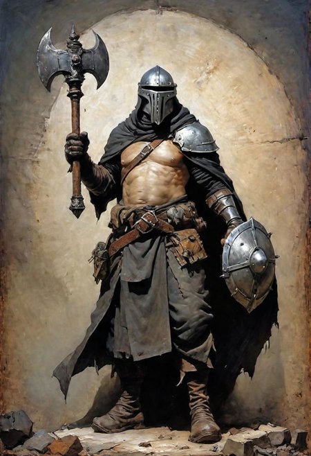 videogame art of (ragged, human barbarian, brigand, holding a giant metal mace,  wearing leather tunic, metal plates and cloth shaped helmet, sewn together), praetorian, warhammer, gothic, legion,  by Jean-Baptiste Monge and Nicola Samori,