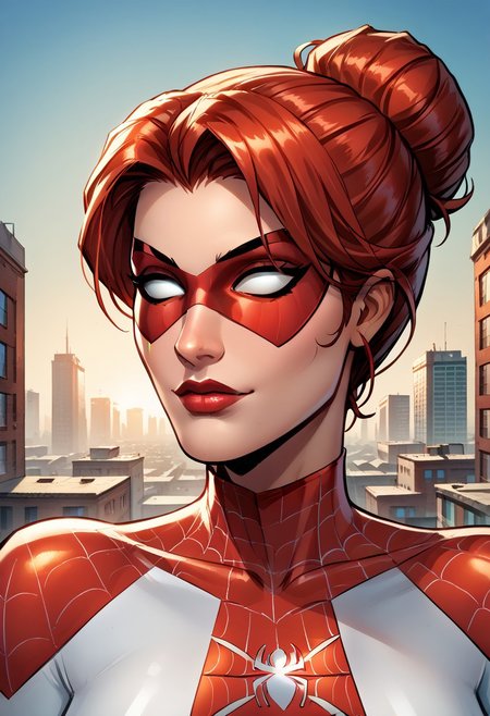 Erik Larsen pencil style, score_9, score_8_up, score_7_up,
1girl, imtdspinneret, beautiful,mask,  red domino mask,blank eyes,white eyes,mature,white covered eyes, bodysuit, spider web print, red hair, hair bun, single hair bun,  New York city, building background, day, hyperrealistic, high res image.,face close up,portrait,very close up,face only view