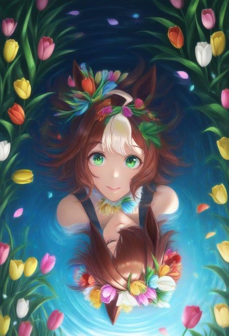 (umamusume, rhein_kraft_(umamusume), horse_ears, horse_girl, tail, 1girl, ahoge, animal_ears,)
casual, Tulip,Tulip flower, Tulip flower_field, 
head_wreath, looking_at_viewer,  solo, aesthetic, absurdres, symmetric , , g0ldsw0rthy,
(realistic, photo,  artistic, medium_hair, one_eye_closed, petals, relaxing, smile, spiralling vortex made of multicoloured tulips, lush foliage sunrise,  ripples, reflective, jaynl-tm, rainbow,green_eyes, hair_between_eyes, hair_ornament,  : 0.7)