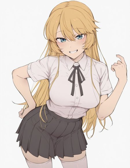 <lora:mdf-illustrious-000020:0.75> oj0ubr0nd, medium breasts, collared shirt, neck ribbon, black skirt, pleated skirt, white thighhighs,
1girl, solo, hand on own hip, grin, upper body