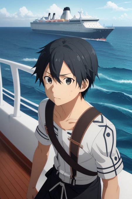 high resolution, solo, best quality, 1Boy, Kazuto Kirigaya, portraits, Black Hair, Black Eyes, sea, bow cruise ship, stong wind, ocean, OverallDetail