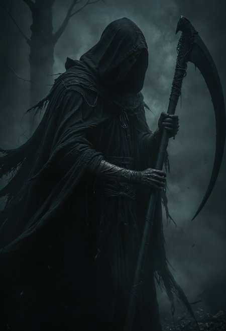 black theme, Grim Reaper in a dark and eerie style, holding a single large scythe, cloaked in dark, tattered robes, surrounded by mist, and face hidden beneath a hood, muted colors, insane detailed, epic fantasy character, <lora:Into_Darkness:0.4>, <lora:ral-ertmsphr:0.3>, <lora:- SDXL - vanta-black_contrast_V3.0:0.3>, <lora:DetailMaximizer:0.7>, <lora:CinematicStyle_v1:0.8>