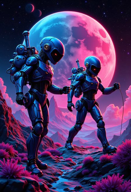 aidmaimageupgrader, a high quality digital image of Metagalactic Synthwave Disco Androids Battle at the Edge of Time