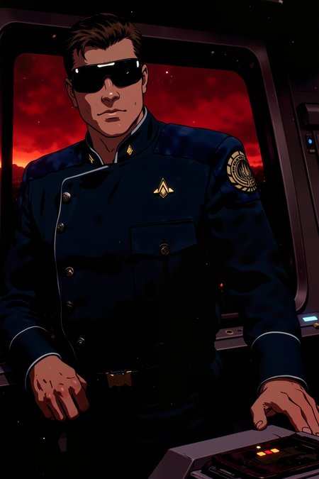 anime illustration, In the dimly lit command deck of a Battlestar, an officer with sharp, chiseled features and piercing blue eyes stands at the forefront of a massive viewport, gazing into the infinite blackness of space. His navy officer uniform, adorned with crisp silver insignias, is spotless, a testament to his unyielding discipline. The faint glow of tactical screens and blinking control panels reflects off the polished brass buttons of his jacket. Behind him, the faint hum of the shipâs engines reverberates through the air, accompanied by the occasional, muted voice of crew members relaying status updates. Outside, the stars stretch endlessly, their distant light dwarfed by the looming silhouette of a Cylon Basestar on the horizon. His left hand grips the edge of a console, white-knuckled, while his right hand rests on the sidearm holstered at his hip. The officerâs square jaw is set in grim determination as the faint flicker of explosions in the distance reveals a raging battle just beyond the Battlestarâs view. Around him, the deck is alive with tension, the muted red lighting creating an atmosphere of urgency. This is the moment of decision, where one command could tip the scales of a galactic war.<lora:BSG_OFFICER_FLUX:1.3><lora:RetroAnimeFluxV1:0.5><lora:NeonFantasyFLUX:0.3>