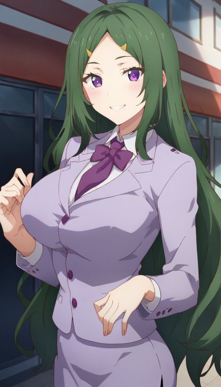 score_9,score_8_up,score_7_up,score_6_up BREAK official art,solo,outdoors,upper body,(portrait:1.5),looking at viewer,facing viewer,smile,blush,Iwazu Mogana,very long hair,green hair,hair ornament,hairclip,parted bangs,purple eyes,light purple jacket,Blazer,wing collar,purple necktie,white shirt,collared shirt,long sleeves,large breasts,skindentation,light purple skirt,pencil skirt,brown pantyhose,high heels,light purple footwear,<lora:Iwazu Mogana(dhh)-Pony:1.6>,