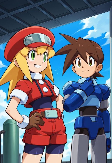 sci-fi, factory,
posing,
dynamic angle, 
BREAK,
<lora:rocknrollDash_illustriousXL_v01:1>
1girl, rollCasDef,  cropped jacket, red hat,  blonde hair female, medium hair, sidelocks, green eyes, bodysuit under clothes, red shorts, short sleeves, brown gloves,  
1boy, android, short hair, brown hair male, blue armor, rockmanVolDef, rockRollDash, 
cowboy shot, smile, standing,, source_anime, very aesthetic, anime coloring, masterpiece, official art,
best quality, amazing quality, ultra detailed, very aesthetic, 
detailed background, 
BREAK,