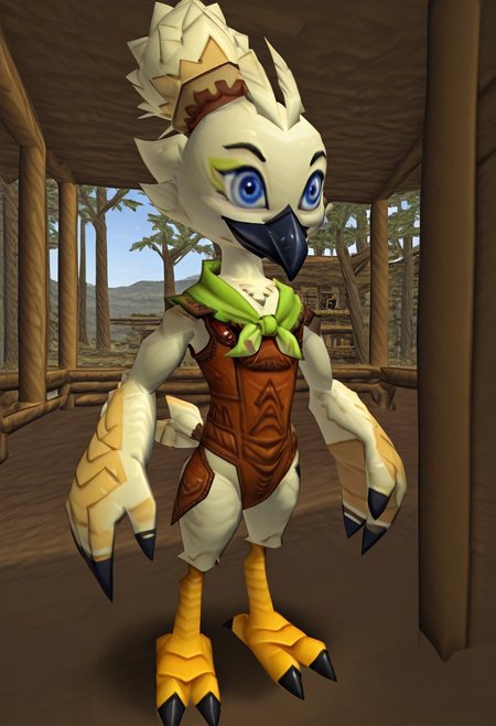 score_9, aesthetic, glossy, low poly, 3d, an animated character, 1boy, solo, Tulin, leather vest, green scarf, furry, avian furry, white feathers, feathers, blue eyes, black beak, hair bun, yellow talons, black claws, winged hands, small tail, treehouse,
