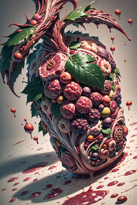 grapes and mariuana leaves, splash water, flashing particles , depth of field, clean background, made out of raw-meat,  <lora:ral-rawmeat:1> , raw-meat