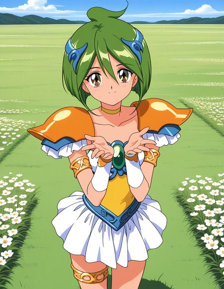 general,highres, ultra-detailed,very aesthetic,best quality ,best hands,  BREAK <lora:Tamano_Hinagiku_IS:1> Tamano_Hinagiku, 1girl,solo, green hair, short hair, brown eyes, hair between eyes, 1990s (style),anime coloring,
solo, green eyes, flower, smile, skirt, choker, looking at viewer, armor, armlet, jewelry, magical girl, thighlet, ahoge, outdoors, white skirt, shoulder armor, pauldrons, day, hair ornament, collarbone, shoulder pads
grass, sky,