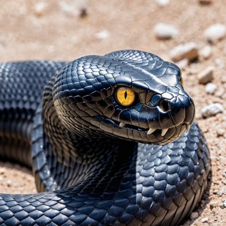 black cobra ,in the desert  , with yellow eyes, covered with black scales, bearing its pure white fangs in its open mouth