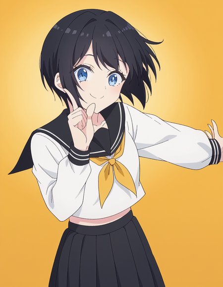 score_9, score_8_up, score_7_up, source_anime, <lora:dimensionalseduction-nonoa-s1-ponyxl-lora-nochekaiser_r1:1>, nonoa, short hair, blue eyes, black hair, mature female,, skirt, shirt, long sleeves, school uniform, pleated skirt, serafuku, black skirt, sailor collar, neckerchief, black sailor collar, yellow neckerchief,, runway, landing, lights, speed, takeoff, smile, <lora:hoshino-ruby-dance-ponyxl-lora-nochekaiser:1>, hoshino ruby dance, finger wagging, index finger raised, dancing, outstretched arm,, looking at viewer, solo,, dutch angle, cowboy shot
