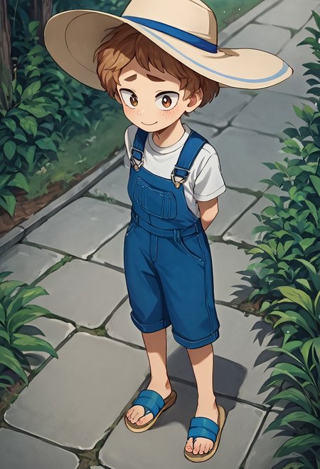 score_9, score_8_up, score_7_up, source_anime, highly detailed, cute boy, 1boy, solo, young, katsuma, sun hat, curly hair, light brown hair, brown eyes, white t-shirt, knee length overalls, hands behind back, shy smile, sandals, looking at viewer, avoiding eye contact, looking down