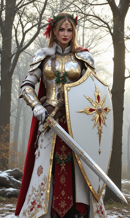 VALHERO shieldmaiden wearing Christmas haute couture armor and holding a shield and sword  <lora:ChristmasCouture.safetensors:1.0>