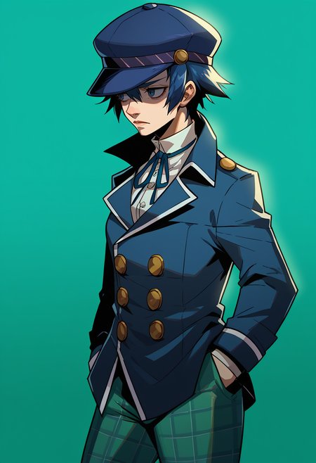 score_9, score_8_up, score_7_up, BREAK <lora:hades-guy-PONYv1:1>, shadow, portrait, 1girl, solo,  <lora:persona4_shirogane_ponyXL:0.95> naotodetective, cabbie hat, blue coat, buttons, neck ribbon, long sleeves, green pants, plaid, partially shaded face, looking to the side, hand in pocket, leaning back,