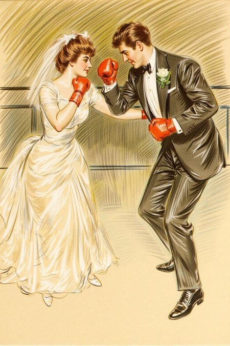 paulcesarhelleu1 illustration of a man and a woman boxing at a wedding.
 <lora:paulcesarhelleu1_cap_d6a3e11:0.8><lora:844406693983964256:0>