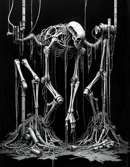 score_9, score_8_up, score_7_up, mm-style, monochrome, black background, (skeletal mage, cyborg monster ), mechanical arms,pipes and wires, tattered robes, horror, dark fantasy, full body, <lora:Monochrome_Monsters_Pony:0.8>