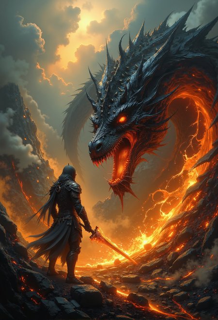 A fiery standoff between a lone, hooded warrior and a colossal, menacing dragon in a desolate volcanic wasteland. The dragon looms large, its glowing orange eyes burning with rage, its mouth wide open, unleashing a fiery roar. The warrior stands defiantly, clad in a long, flowing cloak, wielding a sword engulfed in blazing flames, ready to strike. The ground is scorched and littered with smoldering rocks, with glowing embers swirling in the air. Dramatic lighting emphasizes the scale and tension of the confrontation, with ash-filled clouds creating a dark, apocalyptic backdrop. Epic, intense, and full of cinematic glory. <lora:Midjourney_Dreamlike_Fantasy_FLUX_LoRA.safetensors:0.65>,  <lora:flux_sparklycism.safetensors:0.5>,  <lora:- Flux1 - vanta_black_V1.0.safetensors:0.75>,  <lora:Ethereal Grace - s1 g4.safetensors:0.5>,