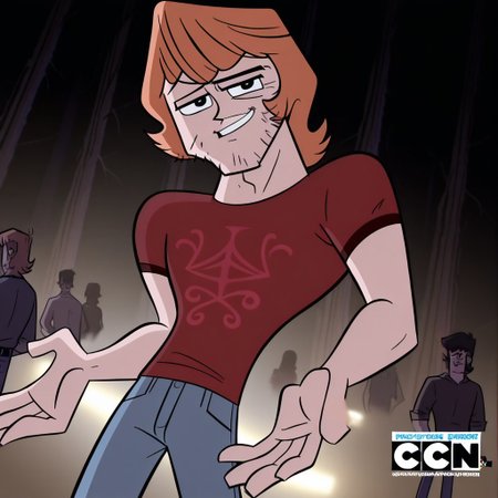 Cartoon source, official art, High Quality, toon, Black LineArt, break
Brandon, 1boy, alone, black eyes, orange hair, facial face, sideburns, black eyebrows, happy look, looking at viewer, shirt, blue pants, broad chest, athletic body, party, dynamic view, dynamic pose, dynamic angle,