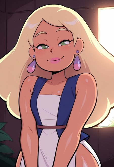 masterpiece, best quality, newest, absurdres, highres,  amazing quality, 4k, good lighting,  high resolution, 
 glossy skin, 1girl, solo, standing, facing viewer, smiling,  portrait, upper body, 
 jayten, earrings, jewelry, long hair, blonde hair, green eyes, dark skin, white skirt, blue vest, pink lipgloss,