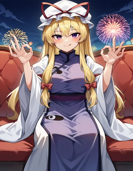 score_9, score_8_up, score_7_up, source_anime, <lora:yukari-yakumo-ponyxl-lora-nochekaiser:1>, yukari yakumo, purple eyes, blonde hair, sidelocks, long hair, hair bow, bangs, multiple hair bows,, dress, hat, hat ribbon, juliet sleeves, layered dress, long sleeves, mob cap, puffy sleeves, purple tabard, tabarad, white dress, white hat, wide sleeves, ying yang, yin yang print,, festival, fireworks, summer night, food stall, traditional, arms up, , <lora:money-gesture-ponyxl-lora-nochekaiser:1>, money gesture, blush, sitting, couch, arm support, smile, tongue out, knee up, from above, looking at viewer, solo,, dutch angle, cowboy shot