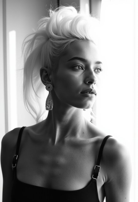 The most extraordinary fashion photograph ever.  It's extraordinary because it's a riveroaksarts-bw-ambient and work of minimalist modern photographic art.  It is a black-and-white photograph on kodak portra film with acid staining at the edges.  The soft lighting and f-stop setting create a romanticized facial vignette so that the beautiful model's face is in sharp focus but the near and far parts of her figure are out of focus.  The effect is like a dreamy fantasy with a subtle glow that creates a sense of depth.  The background is playfully illuminated and out of focus.  The model wears a haute couture fashion inspired by the fashion designs of of Syd Mead and Karl Lagerfeld.  She poses for Mademoiselle like a classy supermodel, yet she is approachable and not too proud.  Her elegant long hair is bleached white and done in the most flamboyant and expressive hairstyle, perfectly contrasting her medium skin tone.  The image is breathtaking and beautifully composed.