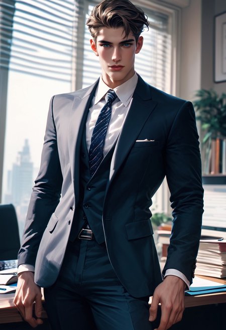 score_9,score_8_up,score_7_up, 25 yo twink posing, suit, office, hyperdetailed photography,