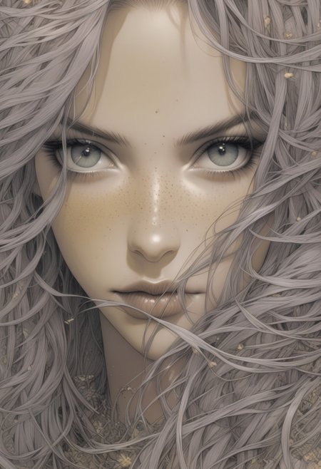Artwork  by moebius, there is a woman with long hair, naoto hattori, mark brooks and brad kunkle, style of aesthetic, comic book artwork portrait of a young woman 22yo, she has a striking light gray eyes, long eyelashes and well-defined eyebrows, catchlights, portrait masterpiece, perfect beautiful face , (light freckles:0.3) , sparkling eyes, sad expression, intimate and engaging portrait with a sense of mystery,  ethereal abstractions, background is minimalist, duo-toned color graded, finely detailed, beautiful cleavage, simmetry, high budget,  sharp focus, intricate fractal details, analog drawing ,  eye catching, drab, <lora:eye_catching:0.4> ,<lora:MoebiousXL:1>