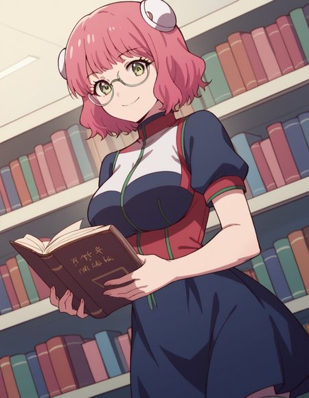 score_9, score_8_up, score_7_up, source_anime, <lora:aries-spring-s1-ponyxl-lora-nochekaiser:1>, aries spring, short hair, green eyes, pink hair, hair bun, double bun, large breasts,, thighhighs, dress, short sleeves, white thighhighs, zettai ryouiki,, library, reading books, glasses, quiet, focused, shelves of books, smile, looking at viewer, solo,, cowboy shot, dutch angle