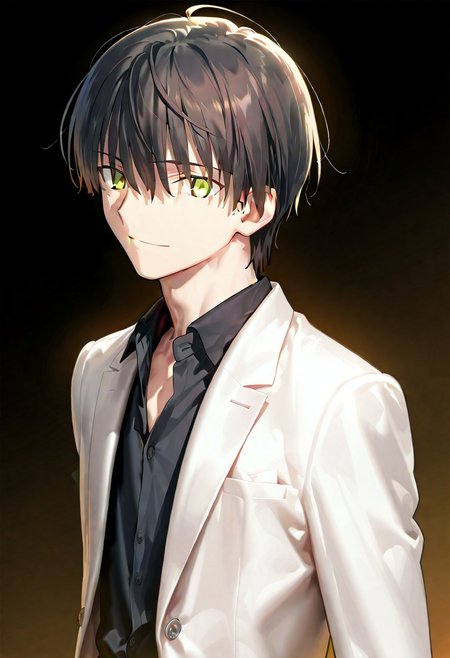 ((masterpiece, best quality, amazing quality, very aesthetic, absurdres)), 
Takeuchi takashi, ((solo)), calm, smile, closed mouth, 1boy, solo, peaceful, closed mouth, slim_build (((yagami_light face))), (((black hair, yellow eyes))), ((short hair, hair between eyes)), (((white suit, open suit, black shirt, collared shirt, black slacks))), no background, dark background, sideshot, cowboy shot, dark background, portrait,