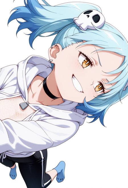 masterpiece,high quality details, absurdres,
 <lora:Izutsumi_Marín:0.8>
izutsumi_cnr, 1girl, blue hair,yellow eyes, multicolored hair,  skull hair ornament, twintails, black choker,ear piercing,, simple background, white background, sideways,solo,, evil smile,evil grin,, :<,, ultra realistic, high detailed skin,, mesh shirt  ,hoodie ,capri pants,  ,rabbit ear legwear,