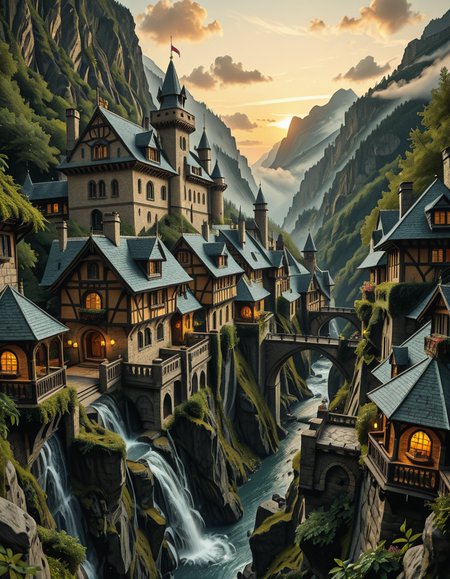 A breathtaking medieval fantasy city nestled in a lush valley, surrounded by towering mountains and dense forests. A grand castle with multiple towers and turrets stands atop a hill, overlooking the town below. The city consists of charming half-timbered houses with glowing windows, perched on rocky cliffs and connected by stone bridges over cascading waterfalls. The river flows through the village, reflecting the warm golden lights of lanterns and torches. Ivy and moss grow over the stone walls, adding to the enchanted, ancient atmosphere. The background features misty mountains with additional fortresses and watchtowers, partially hidden by low-hanging clouds. The sky is illuminated by a soft, warm sunset, casting a golden glow on the scenery, creating a perfect blend of realism and fantasy. Highly detailed, cinematic, and immersive, with a magical, fairy-tale ambiance.
<lora:SDXLFaeTastic2400:0.4> <lora:extremely_detailed:0.4> extremely detailed, ,medieval f4nt4sy c1ty <lora:medieval_f4nt4sy_c1ty-i:1>, Masterpiece,best quality,hi res,8k,hi res,8k,award winning,(sharp focus, intricate, highly detailed),