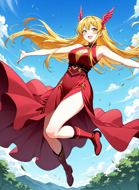 <lora:Chi_Ling__Illustrious:1>
1 girl, solo, yellow eyes, yellow hair, long hair, loose hair, sidelocks, medium breasts
long dress, red dress, cleavege, hair ornament, cleavage cutout, clothing cutout, head wings, bare shoulders, sleeveless, long red skirt, red boots
score_9, score_8_up, score_7_up, very aesthetic, source_anime, detailed, high quality, beautiful, masterpiece, detailed eyes, highres, best quality, masterpiece, highres, best quality, masterpiece, outdoors, looking at viewer, blush, smile, floating, blue sky, midair, open mouth, spread arms