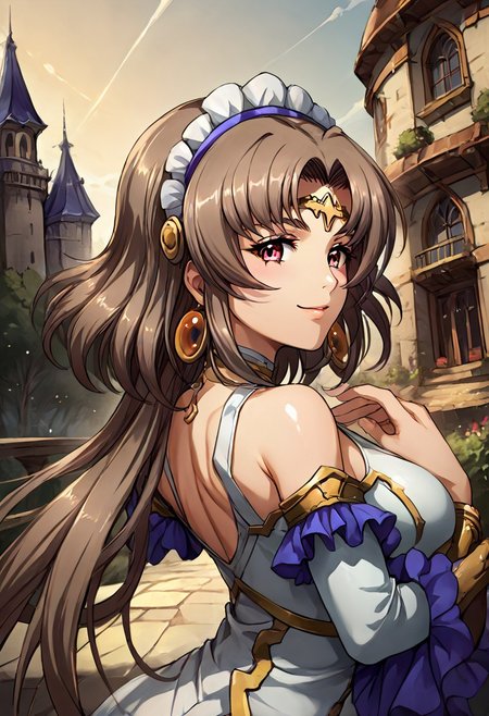 score_9, score_8_up, score_7_up, detailed, intricate details, chromatic aberration, realistic, veins source_anime, , (best quality) , (highly detailed) ,((masterpiece)), ((best quality)), (ultra-detailed), ((extremely detailed)), (high resolution), 4K, (8K), best quality, (beautiful), (dynamic lighting), (super detailed skin), sharp focus, (1_girl, solo focus), score_9,score_8_up,score_7_up,anime coloring BREAK source_anime,anime, shiny skin, <lora:yuria_p_v1.5:1>,yulia,y_clothes,Headdress,red eyes,brown hair,long hair,very long hair,jewelry,detached sleeves,dress,earrings,bare shoulders,collarbone, <lora:Fixhands_anime_bdsqlsz_V1:1>,upper_body,profile,smile,looking_at_viewer,castle,from behind
detailed eyes、detailed face and detailed skin <lora:add-detail-xl:1.0>