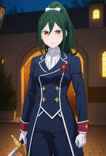 anime screencap, masterpiece, best quality,
<lora:ReZero_CrushKarsten_IlluXL:0.9>,
1girl, solo, closed mouth, serious, v-shaped eyebrows,
high ponytail, hair between eyes, long hair, green hair, orange eyes, hair bow, white bow,
blazer, blue jacket, white ascot, long sleeves, double-breasted, white gloves, blue pants,
holding sword,
sheath, standing, looking at viewer, cowboy shot,
outdoors, night, mansion, doors, plant, medieval, photo background, blurry background