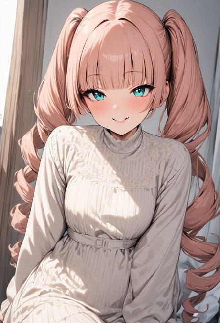 masterpiece, best quality,  1girl, solo, twin drills, twintails, blunt bangs, soft peach hair, aqua eyes, smile, long sleeves, white dress,