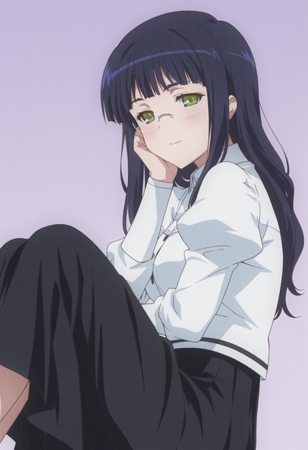 anime screencap, anime coloring,  <lora:DX888Mikan:1> mikan, green eyes, black hair, long hair, hair down BREAK simple background, purple  background,  BREAK   glasses, white shirt, puffy sleeves, black skirt, long skirt, BREAK    1girl, breasts, closed mouth,  hand on own cheek, hand on own face, knees together feet apart, legs up, light smile,  looking at viewer, sitting, from side,