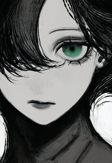 <lora:TnhocXQ=-noobaiXLNAIXL_epsilonPred_V110_V1-CAME>, Tnho, monochrome, greyscale, solo, 1girl, white background, short hair, simple background, looking at viewer, portrait, twitter username, hair over one eye, black hair, floating hair, eyelashes, closed mouth, expressionless, wind, green eyes