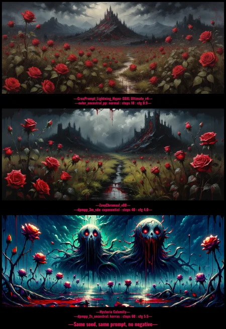 dramatic expressionism oil painting of bucolic meadow landscape contrasted by corrupt lands of thorny towering roses dripping blood from their crimson petals, foreboding bloom, bold brushstrokes, impasto, color splashes, drip paint, grimdark, horror, vibrant selective color, masterpiece, highly detailed, 4k