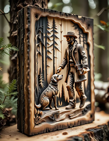 Pyrography mode, burned wood textures, earthy tones, pyrography style,
a figure of a man with a dog in forest etched into a piece of wood with intricate burn marks, the earthy tones and burned textures adding a rustic charm, sepia tone filter.
 <lora:dmd2_sdxl_4step_lora_fp16:1.0> , <lora:Expressive_H:1>, Depth of field, <lora:dark:0.1>, dutch angle,  <lora:aidmaFLuxPro1.1_v0.3_IL:1>,  aidmafluxpro1.1<lora:aidmaMJ6.1_v0.5_IL:1>, aidmaMJ6.1,