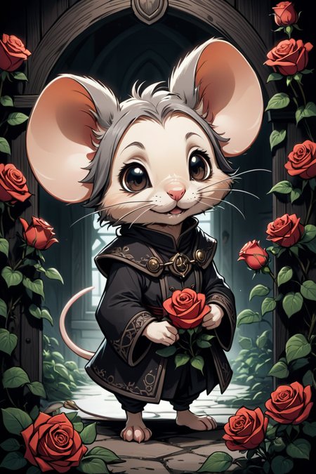 cute chibi mouse living in a house full of roses,  cottagecore, 
2D comic illustration, 
anime fantasy, 
fine-inked Thick-outlines, 
cel-shaded, 
contour, 
mysterious, 
Dark, 
by alphonse mucha, 
Town of Salem 2, 
darkest dungeon, 
iratus:lord of the dead
